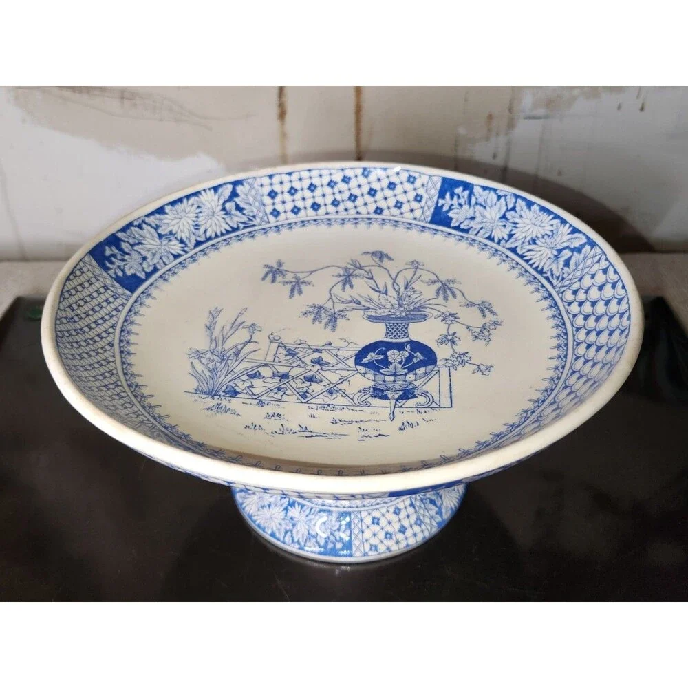 Antique Copeland Compote KEW Pattern Tazza W T & SONS Comport Floral Blue White